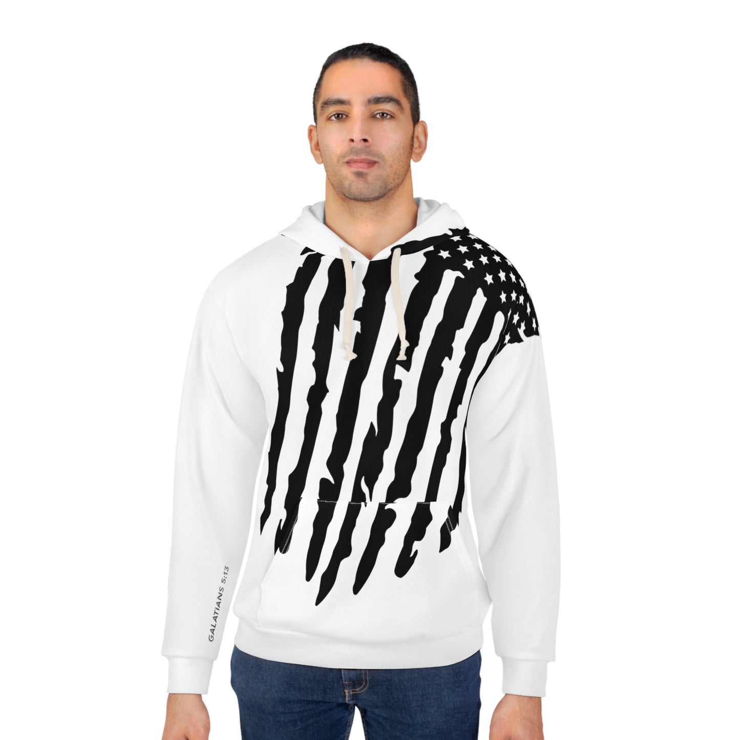 American flag hoodie Galatians 5:13 on the sleeve -REJECTS ONLY- Patriotic Christian Hoodie